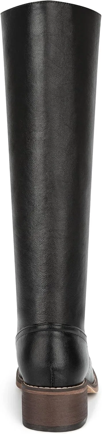 Women's Tall Pull On Low Chunky Heel Leather Platform Wide Calf Knee High Boots, Ladies Dress Non Slip On Classic Square Toe Thick Heel Waterproof Fashion Casual Long Boots