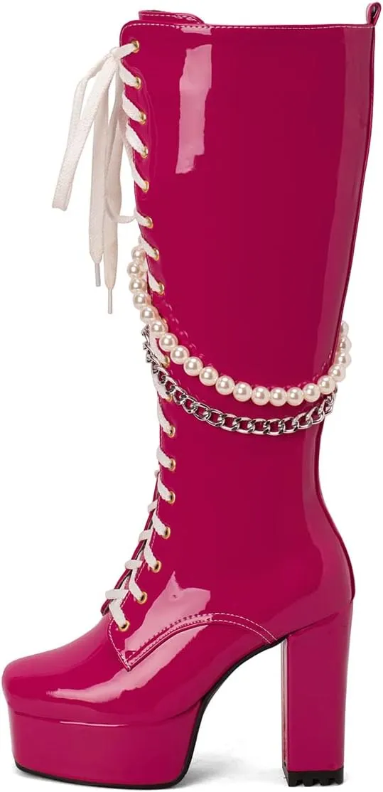 Women's Thick Heel Platform Gothic Boots Lace Up String Bead Punk Boots