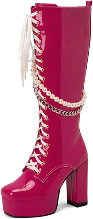 Women's Thick Heel Platform Gothic Boots Lace Up String Bead Punk Boots