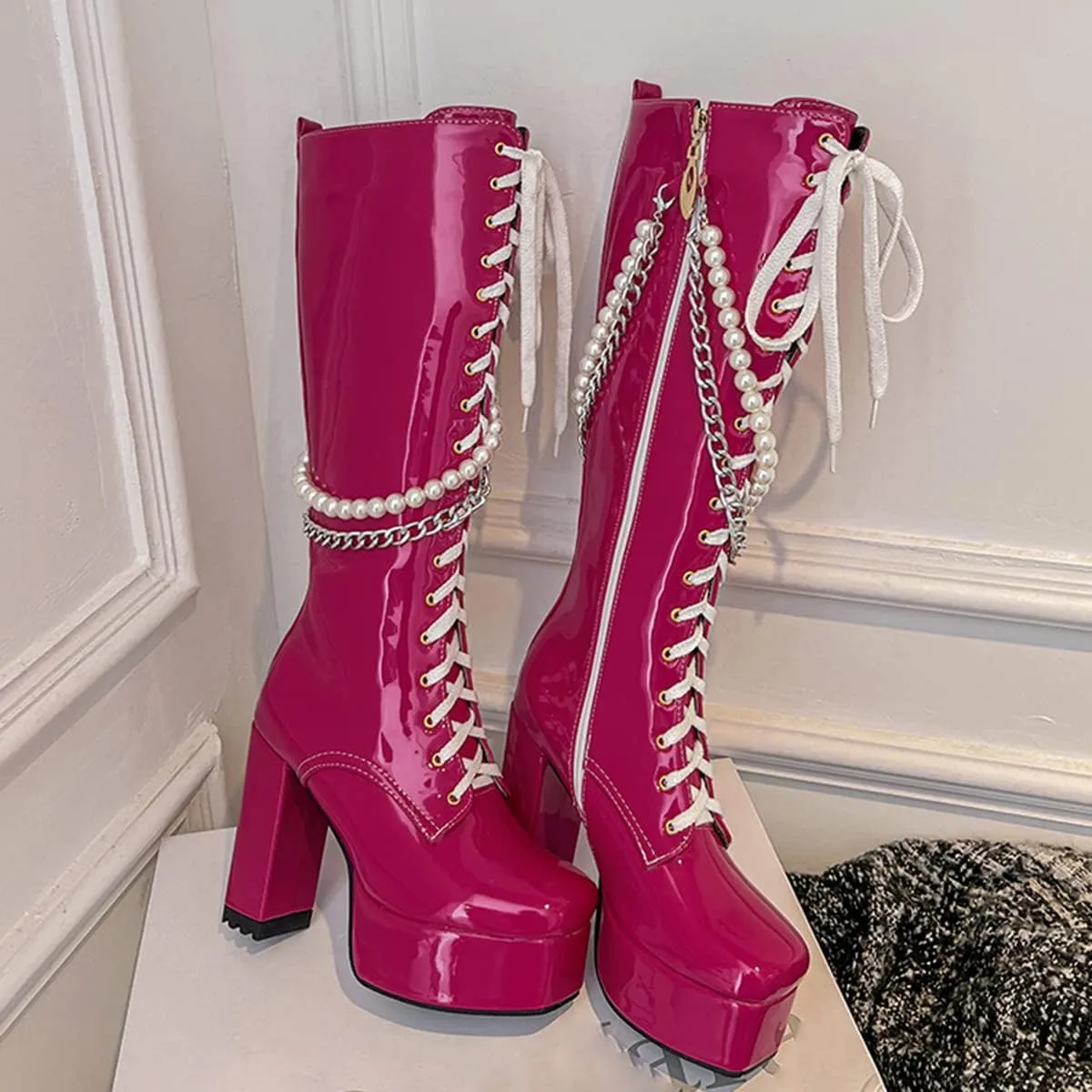 Women's Thick Heel Platform Gothic Boots Lace Up String Bead Punk Boots