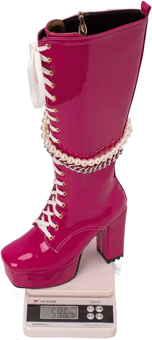 Women's Thick Heel Platform Gothic Boots Lace Up String Bead Punk Boots