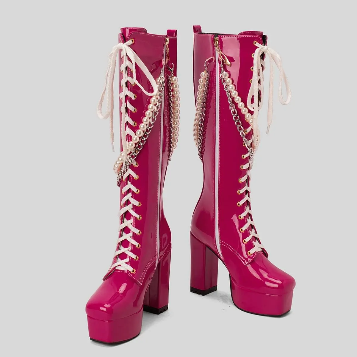 Women's Thick Heel Platform Gothic Boots Lace Up String Bead Punk Boots