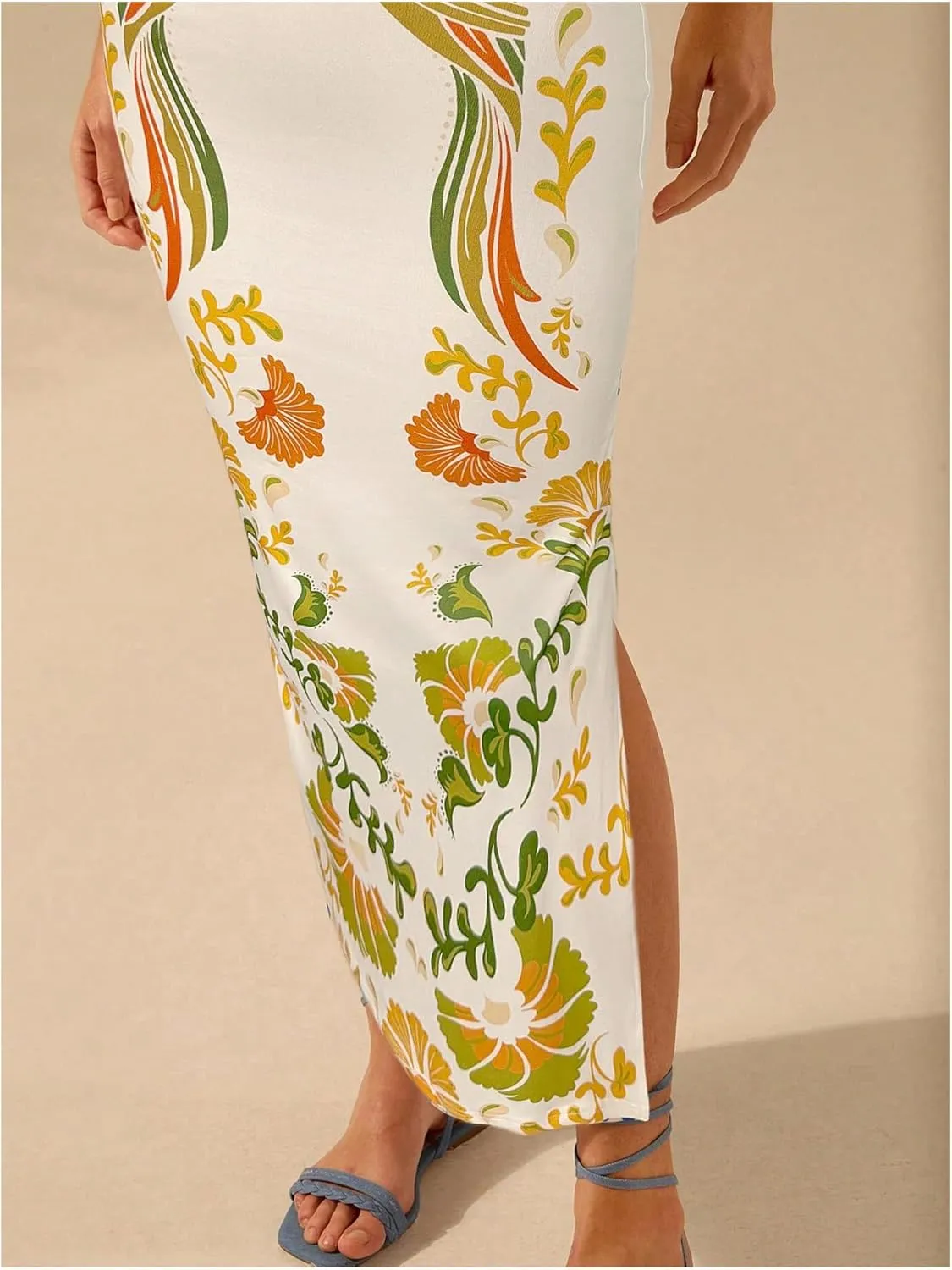 Women's Tropical Bodycon Tank Dress Elegant Summer Vacation Crewneck Split Thigh Long Maxi Dress Boho Sundress