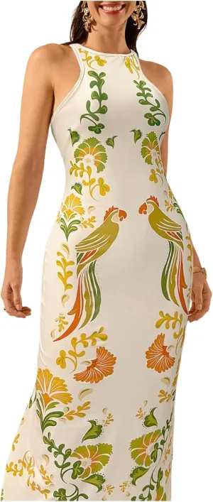 Women's Tropical Bodycon Tank Dress Elegant Summer Vacation Crewneck Split Thigh Long Maxi Dress Boho Sundress