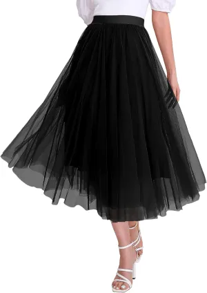 Women’s Tulle Skirts Midi Elastic High Waist Pleated Mesh Flowy A-Line Party Long Tutu Skirts…