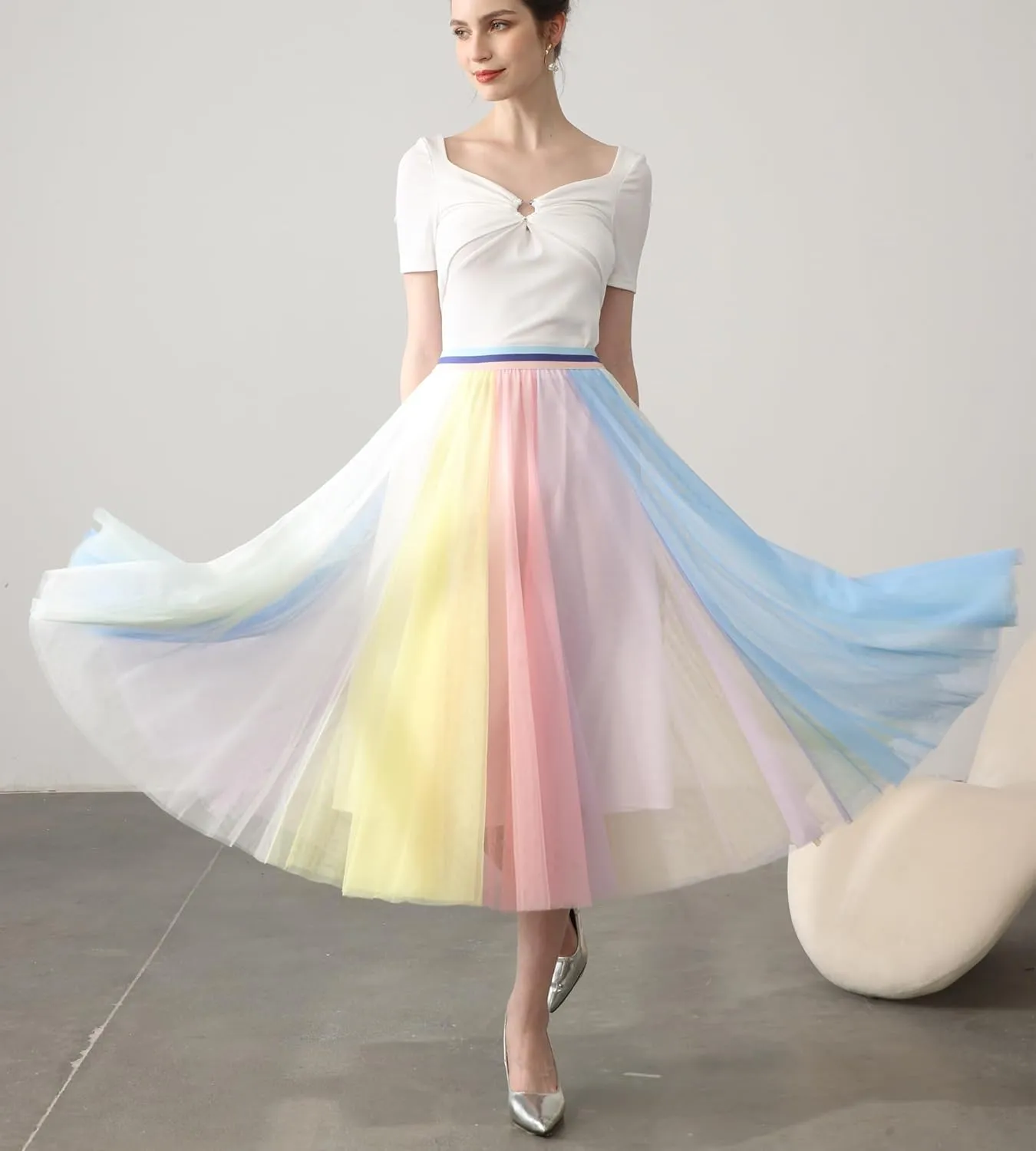 Women’s Tulle Skirts Midi Elastic High Waist Pleated Mesh Flowy A-Line Party Long Tutu Skirts…