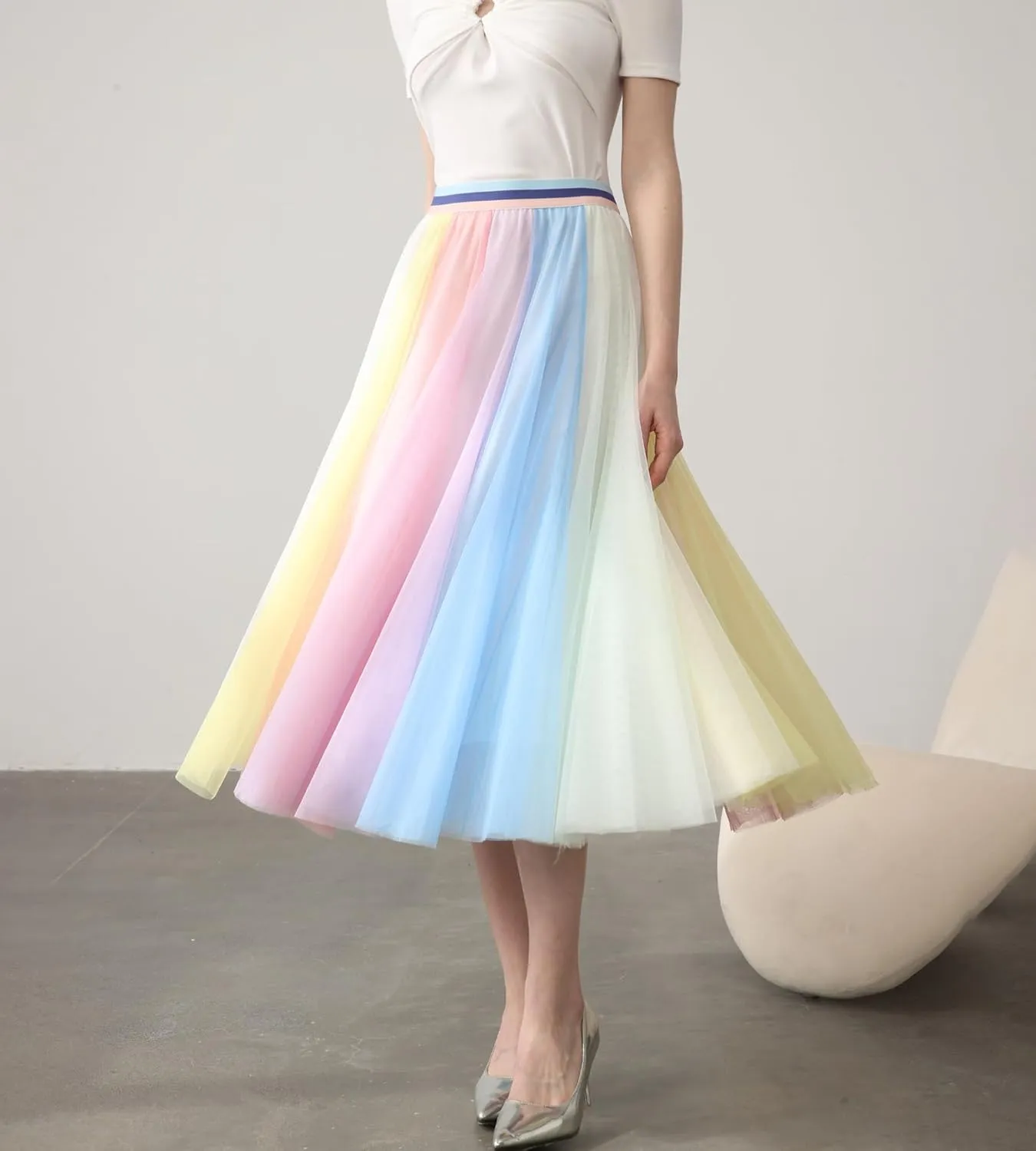 Women’s Tulle Skirts Midi Elastic High Waist Pleated Mesh Flowy A-Line Party Long Tutu Skirts…