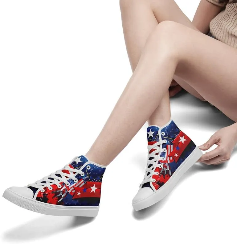 Women's USA Flag Sneaker Fashion Men's Patriotic Canvas High Top Casual Shoes Unisex Breathable Trendy College Preppy Shoes