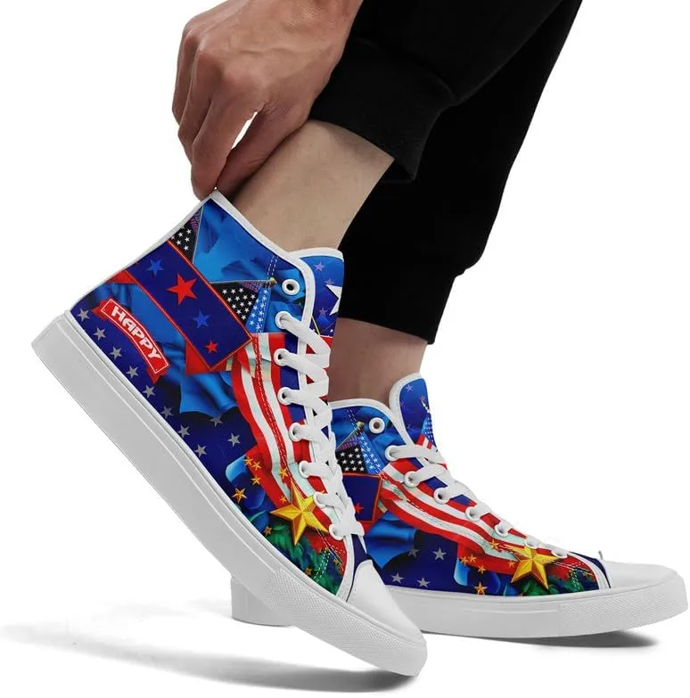 Women's USA Flag Sneaker Fashion Men's Patriotic Canvas High Top Casual Shoes Unisex Breathable Trendy College Preppy Shoes