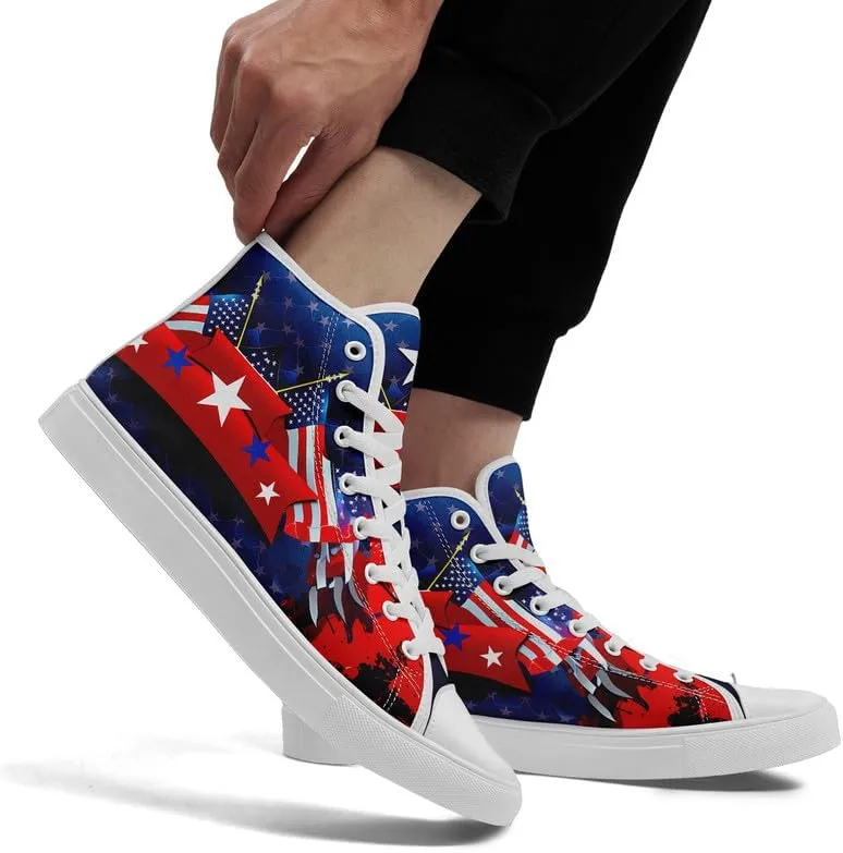 Women's USA Flag Sneaker Fashion Men's Patriotic Canvas High Top Casual Shoes Unisex Breathable Trendy College Preppy Shoes