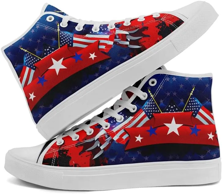Women's USA Flag Sneaker Fashion Men's Patriotic Canvas High Top Casual Shoes Unisex Breathable Trendy College Preppy Shoes