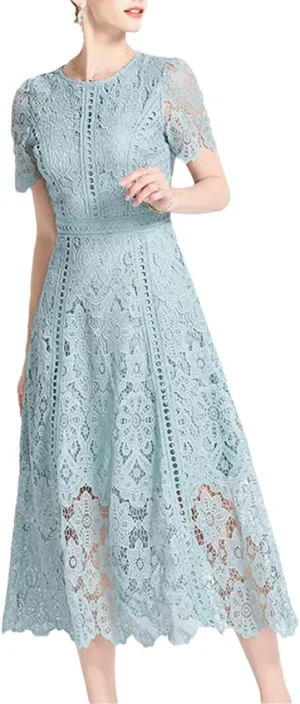 Women's Vintage Lace Hollow Out Party Prom Dress Summer Short Sleeve Slim Fit Elegant Long Dress