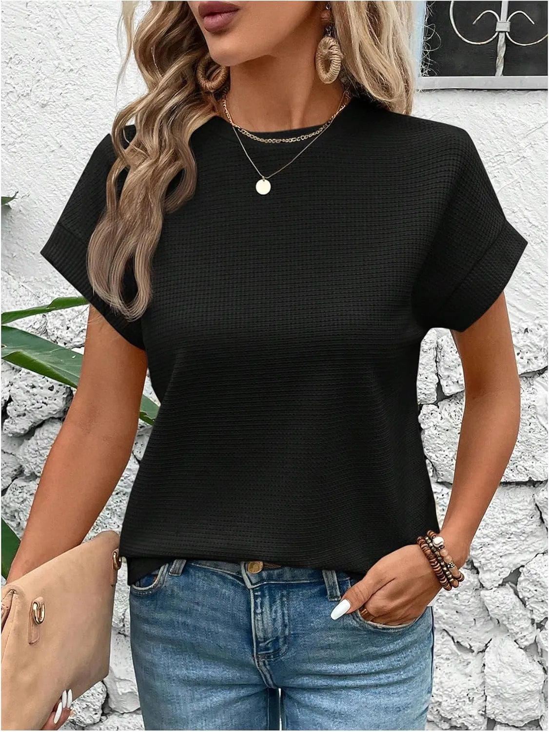 Women's Waffle Knit Short Sleeve Tee Tops Loose Crew Neck Cap Sleeve T Shirt Casual Tees