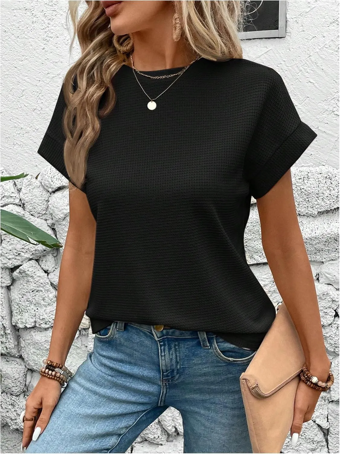 Women's Waffle Knit Short Sleeve Tee Tops Loose Crew Neck Cap Sleeve T Shirt Casual Tees