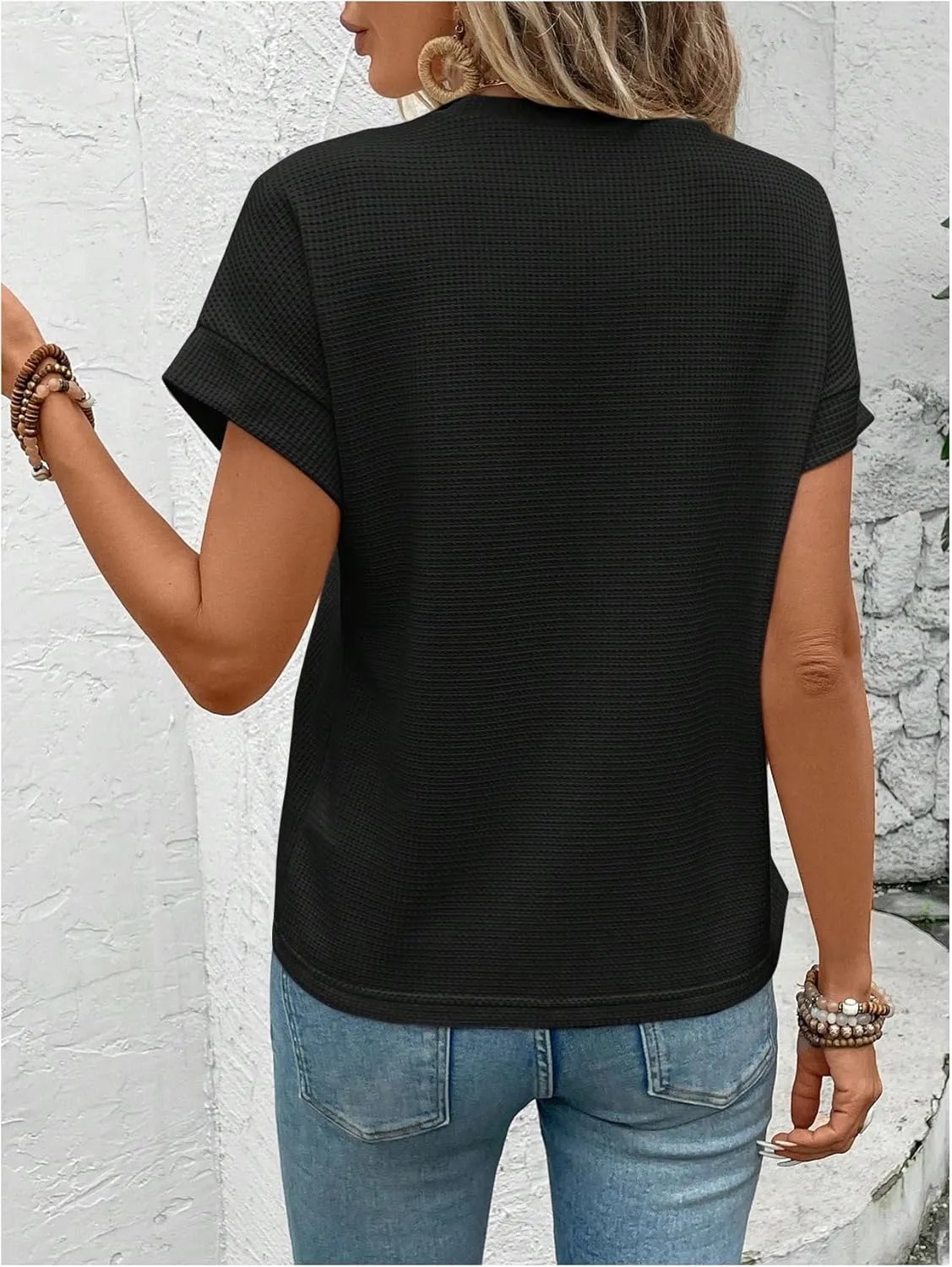 Women's Waffle Knit Short Sleeve Tee Tops Loose Crew Neck Cap Sleeve T Shirt Casual Tees