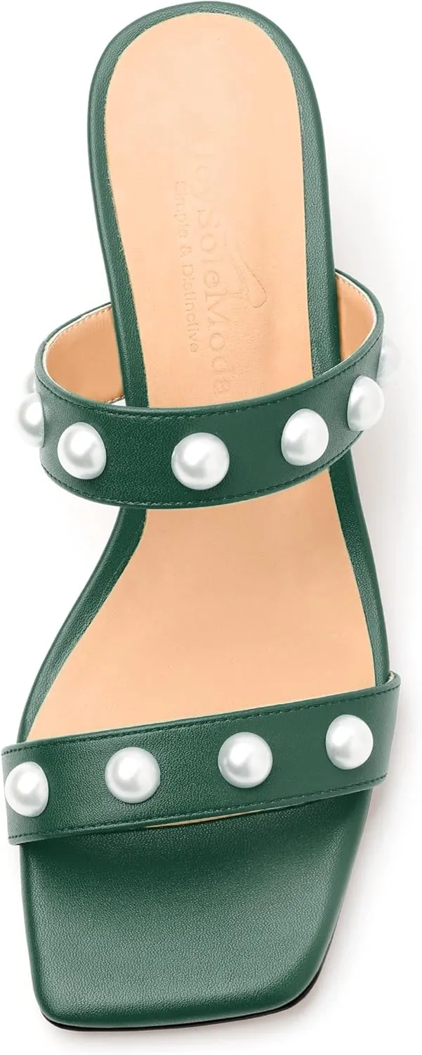 Womens Wedge Mid Heel Sandals, Open Toe Double Strap Leather Insole Sandals for Women, Slip-on Sandals with Pearls 2"