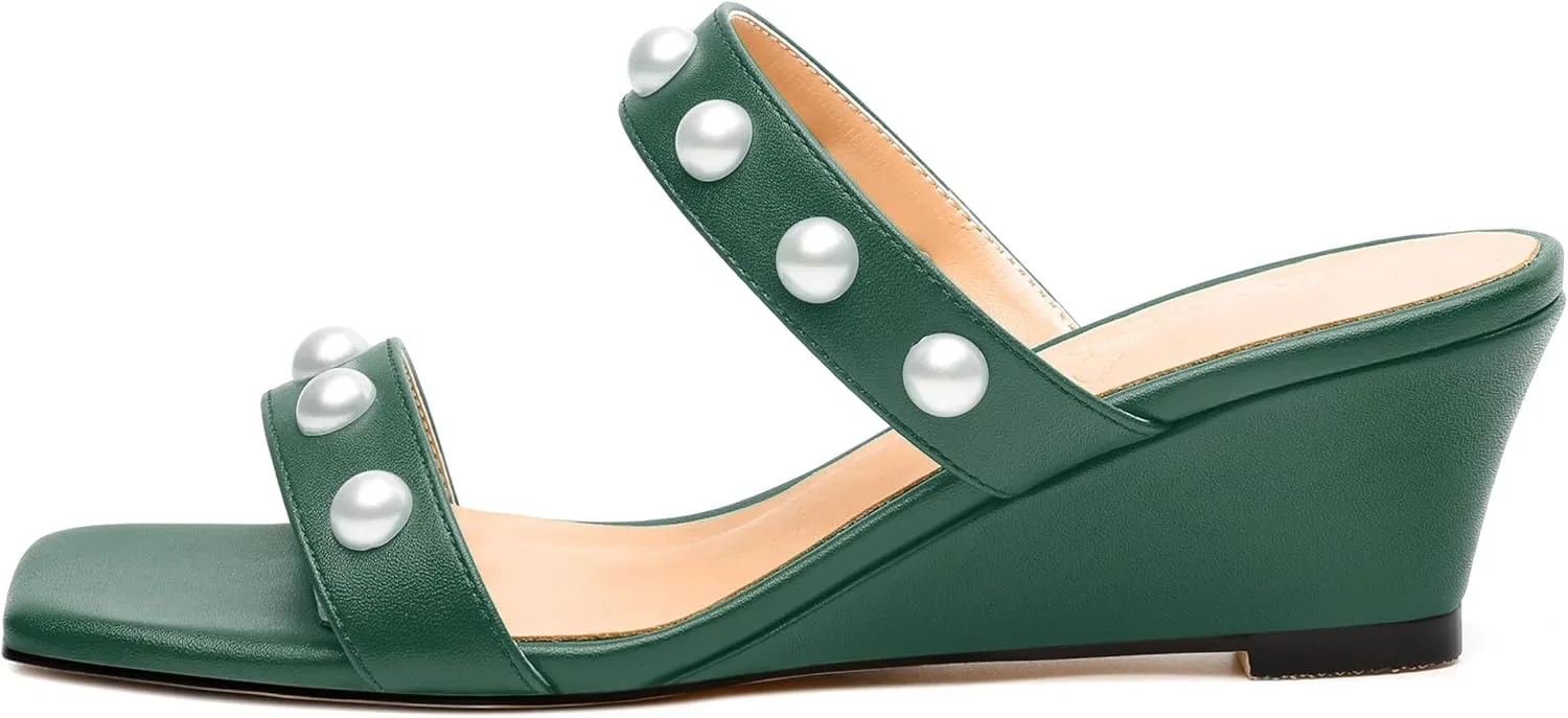 Womens Wedge Mid Heel Sandals, Open Toe Double Strap Leather Insole Sandals for Women, Slip-on Sandals with Pearls 2"