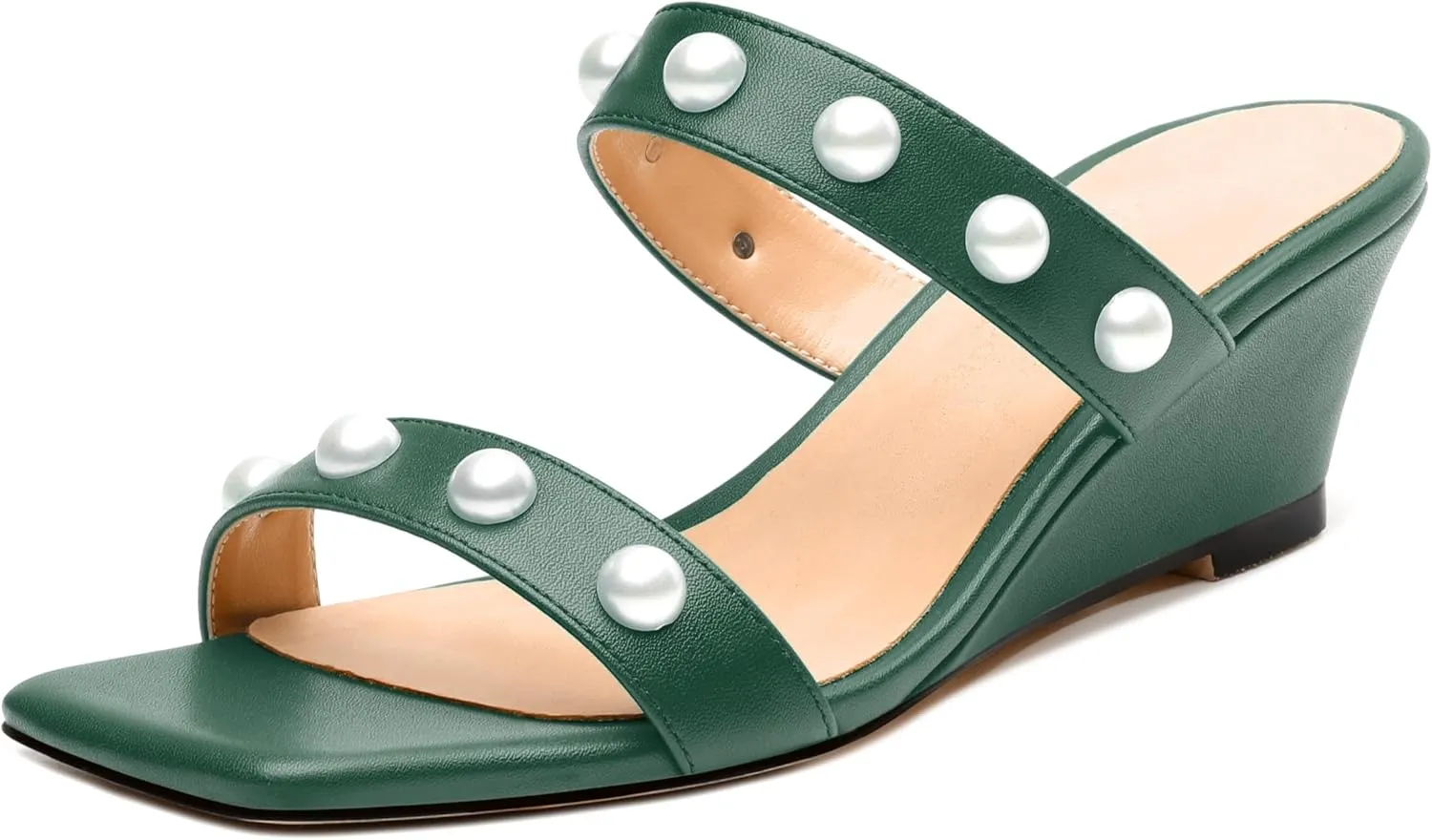 Womens Wedge Mid Heel Sandals, Open Toe Double Strap Leather Insole Sandals for Women, Slip-on Sandals with Pearls 2"