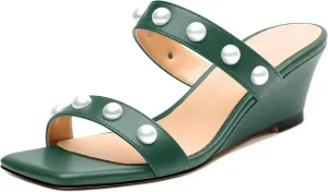 Womens Wedge Mid Heel Sandals, Open Toe Double Strap Leather Insole Sandals for Women, Slip-on Sandals with Pearls 2"