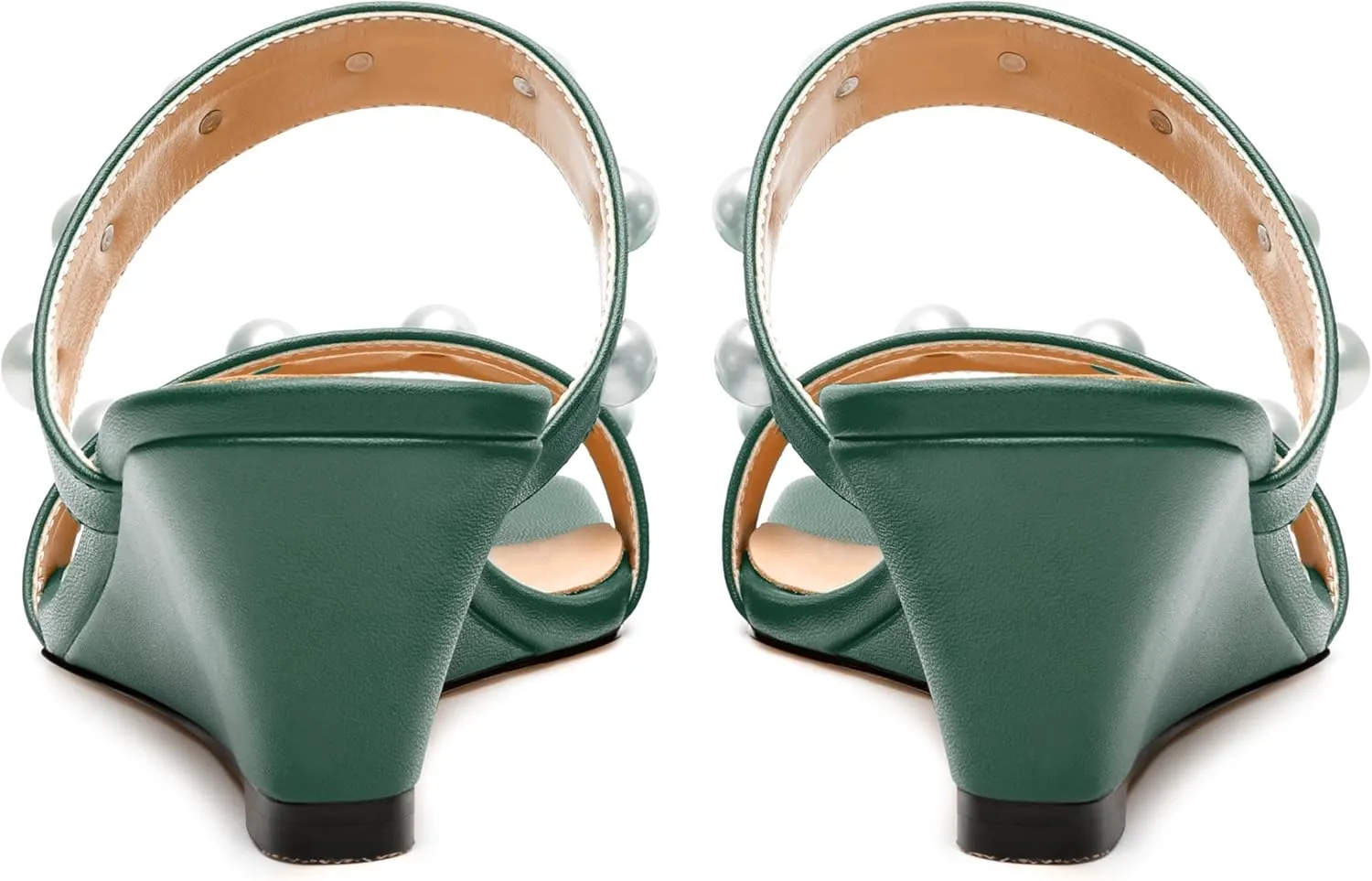 Womens Wedge Mid Heel Sandals, Open Toe Double Strap Leather Insole Sandals for Women, Slip-on Sandals with Pearls 2"