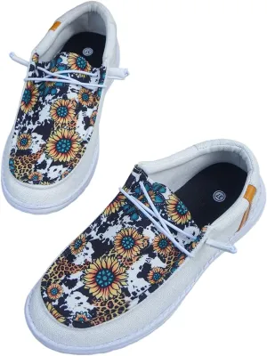 Women's Wendy Sunflower Print Lace-up Loafers Canvas Slip-On Casual Boat Shoes Comfortable Orthotic Walking Sneaker Shoes