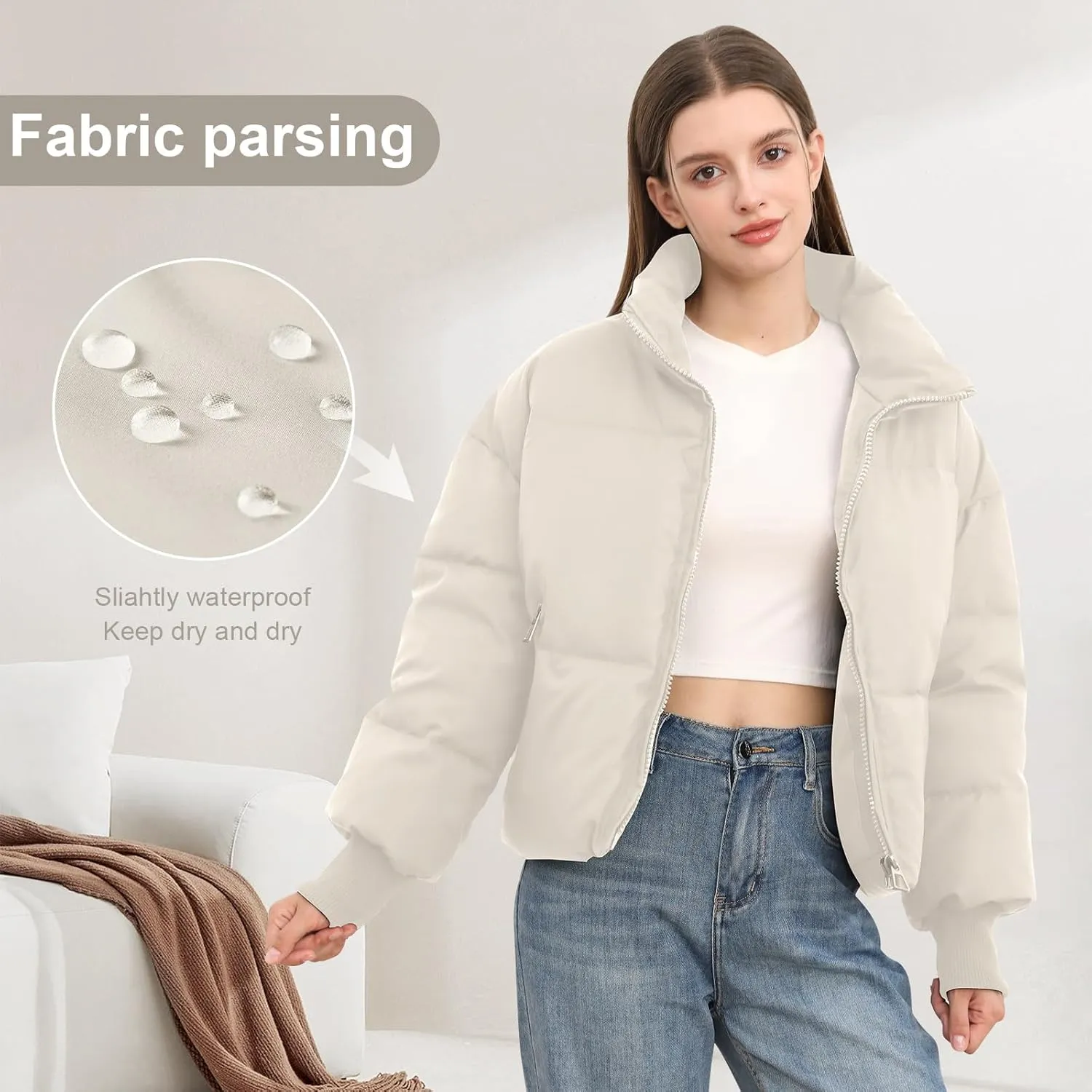 Women’s Winter Cropped Puffer Jacket Coat Casual Quilted Baggy Long Sleeve Zip Down Jackets Outerwear