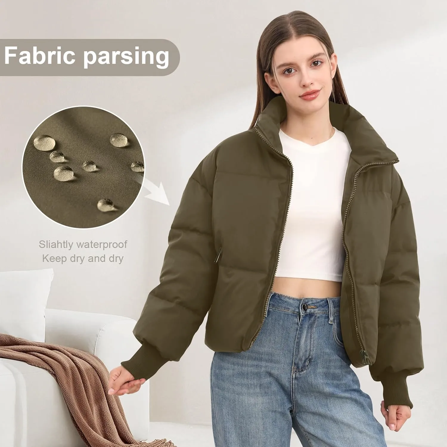 Women’s Winter Cropped Puffer Jacket Coat Casual Quilted Baggy Long Sleeve Zip Down Jackets Outerwear