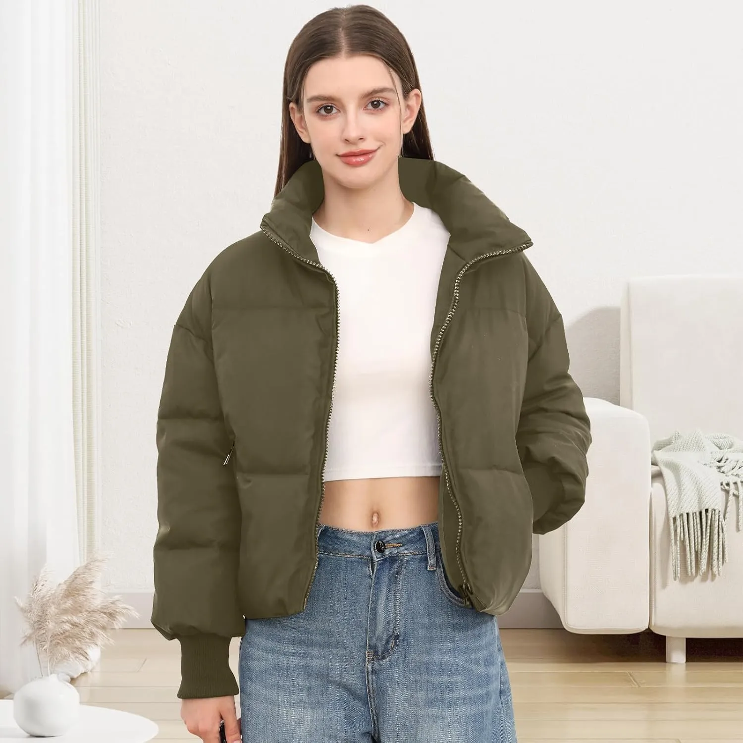Women’s Winter Cropped Puffer Jacket Coat Casual Quilted Baggy Long Sleeve Zip Down Jackets Outerwear