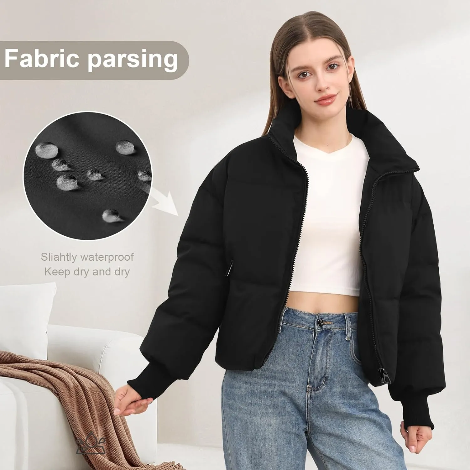 Women’s Winter Cropped Puffer Jacket Coat Casual Quilted Baggy Long Sleeve Zip Down Jackets Outerwear