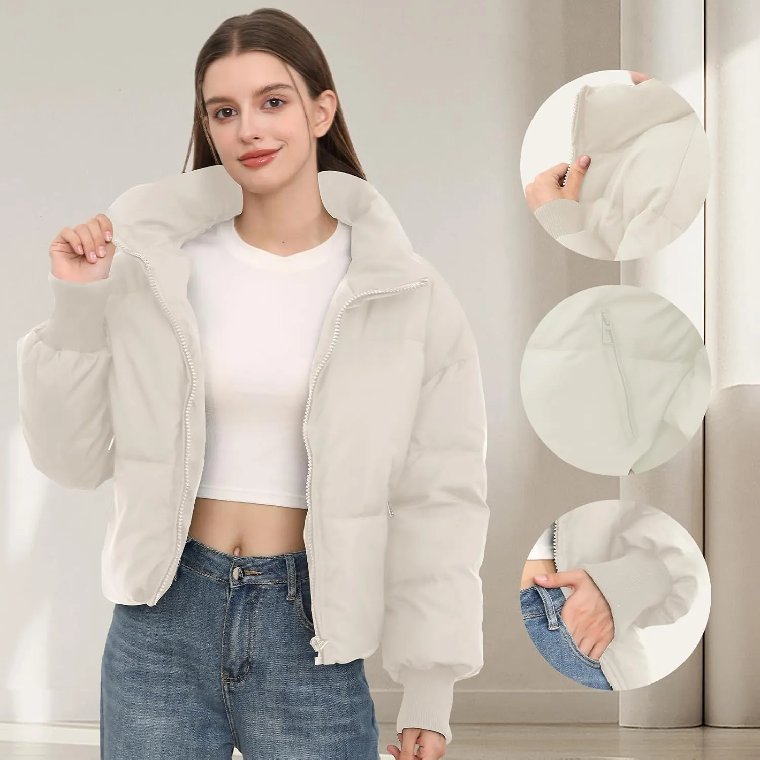 Women’s Winter Cropped Puffer Jacket Coat Casual Quilted Baggy Long Sleeve Zip Down Jackets Outerwear