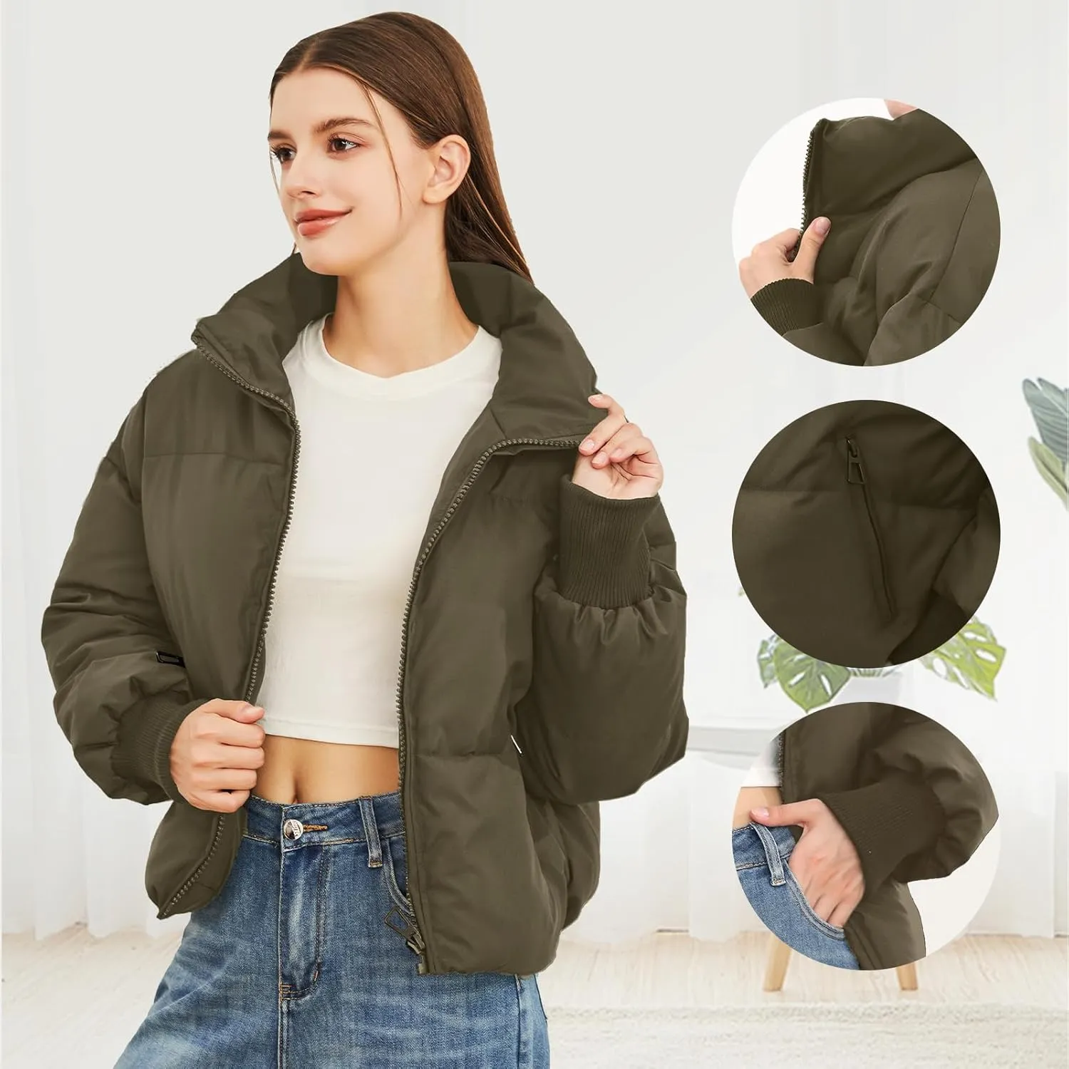 Women’s Winter Cropped Puffer Jacket Coat Casual Quilted Baggy Long Sleeve Zip Down Jackets Outerwear