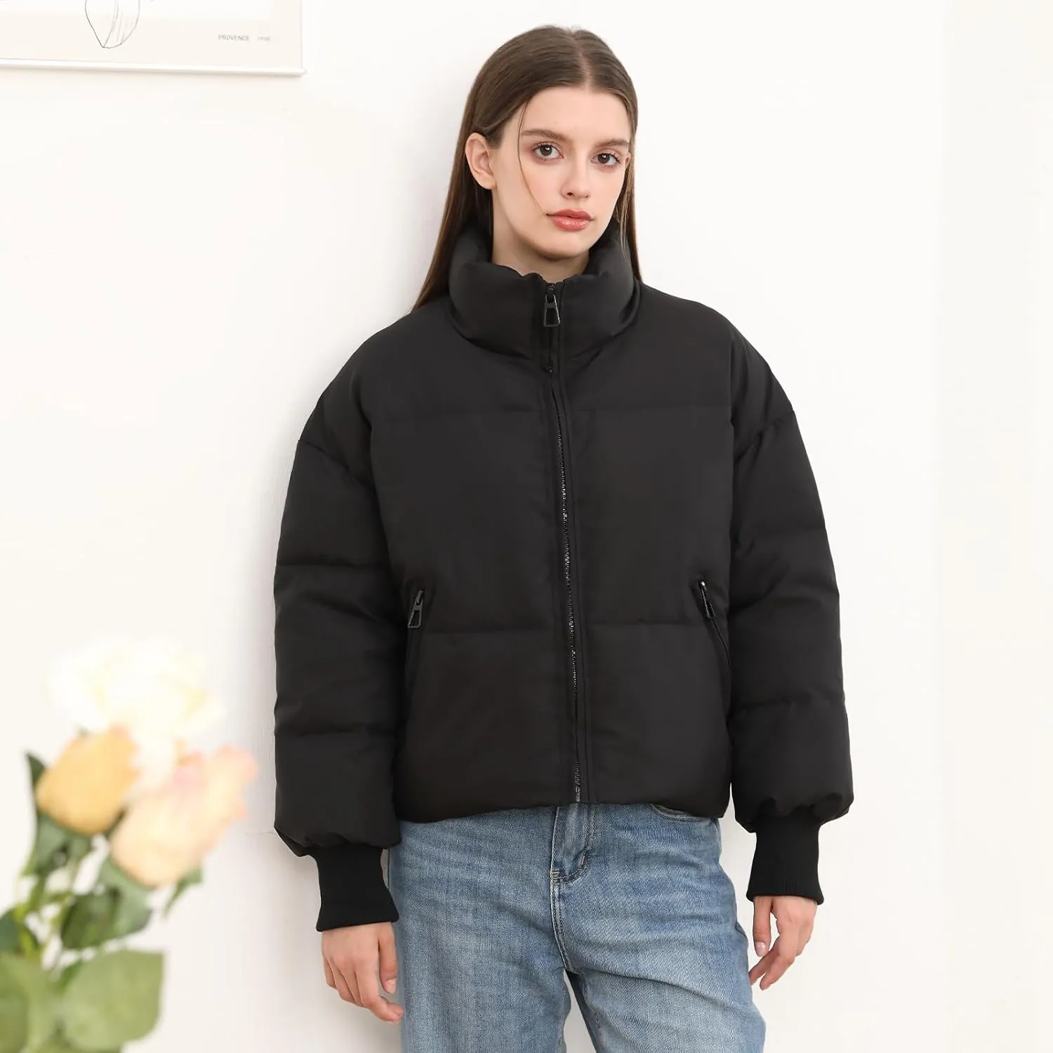 Women’s Winter Cropped Puffer Jacket Coat Casual Quilted Baggy Long Sleeve Zip Down Jackets Outerwear
