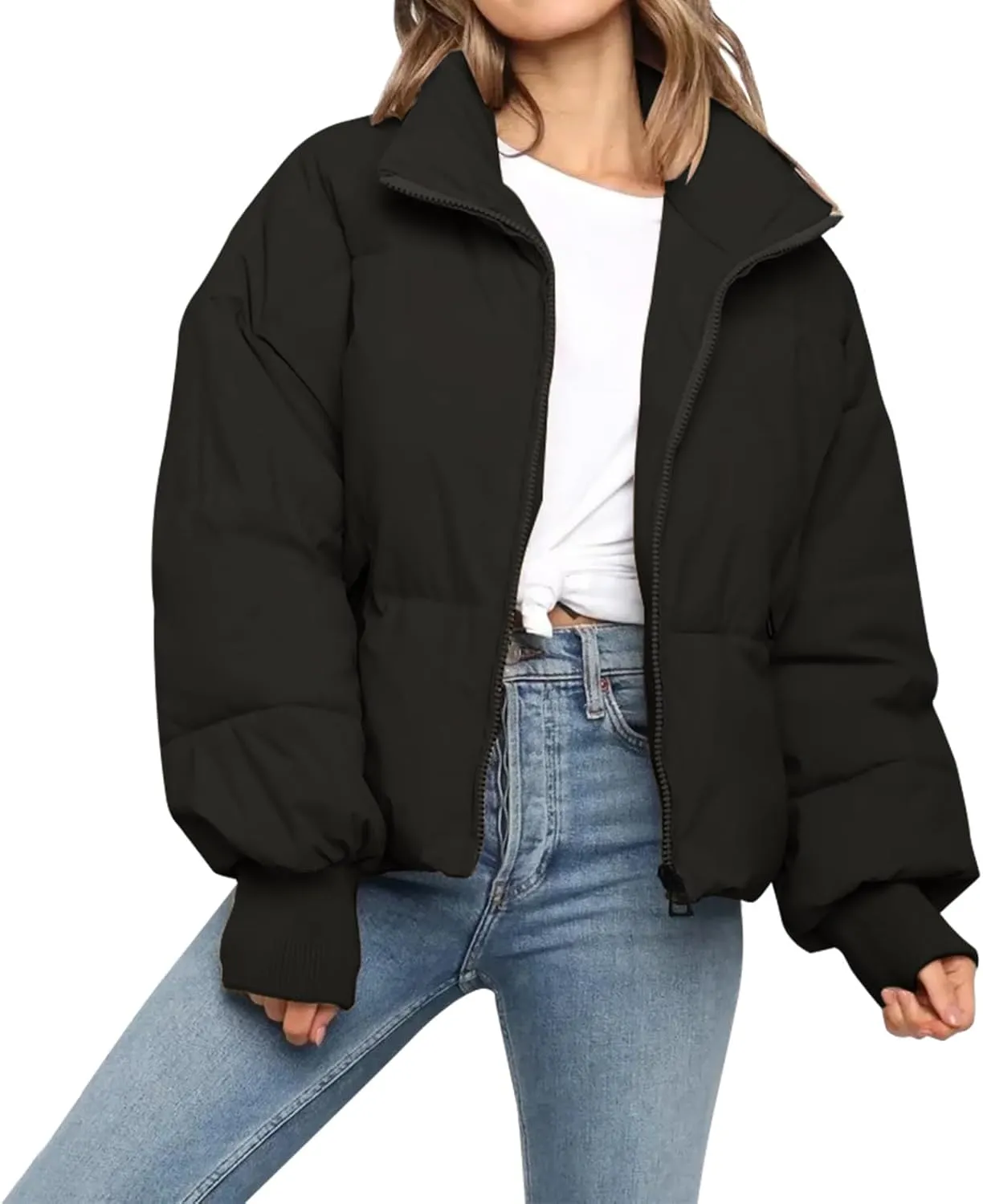 Women’s Winter Cropped Puffer Jacket Coat Casual Quilted Baggy Long Sleeve Zip Down Jackets Outerwear
