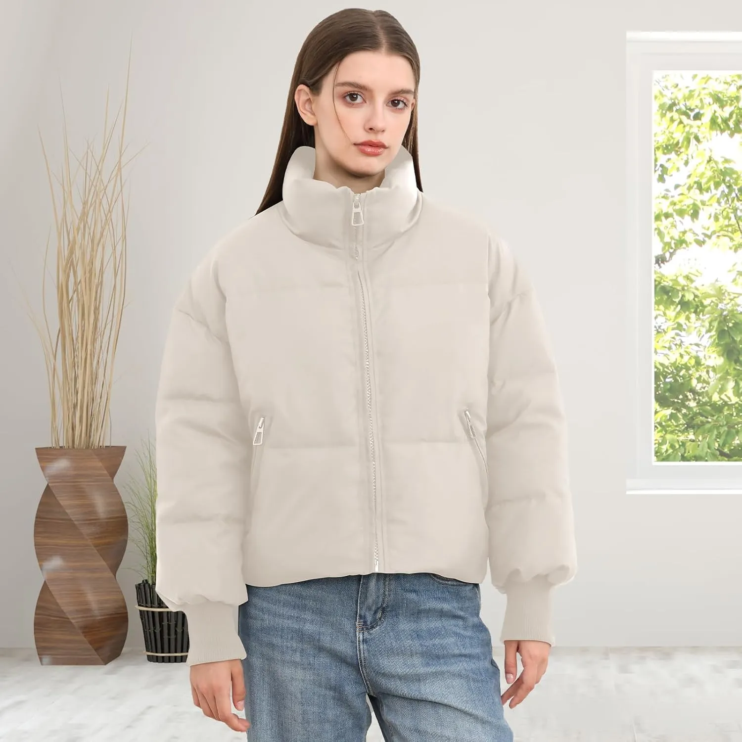 Women’s Winter Cropped Puffer Jacket Coat Casual Quilted Baggy Long Sleeve Zip Down Jackets Outerwear