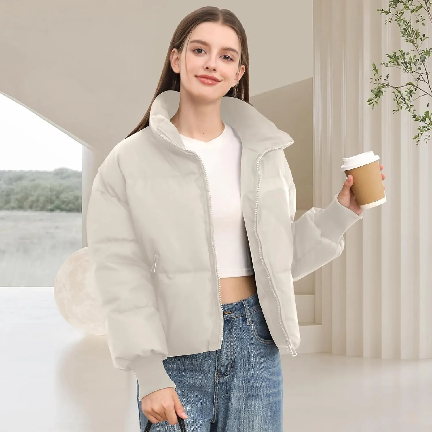Women’s Winter Cropped Puffer Jacket Coat Casual Quilted Baggy Long Sleeve Zip Down Jackets Outerwear