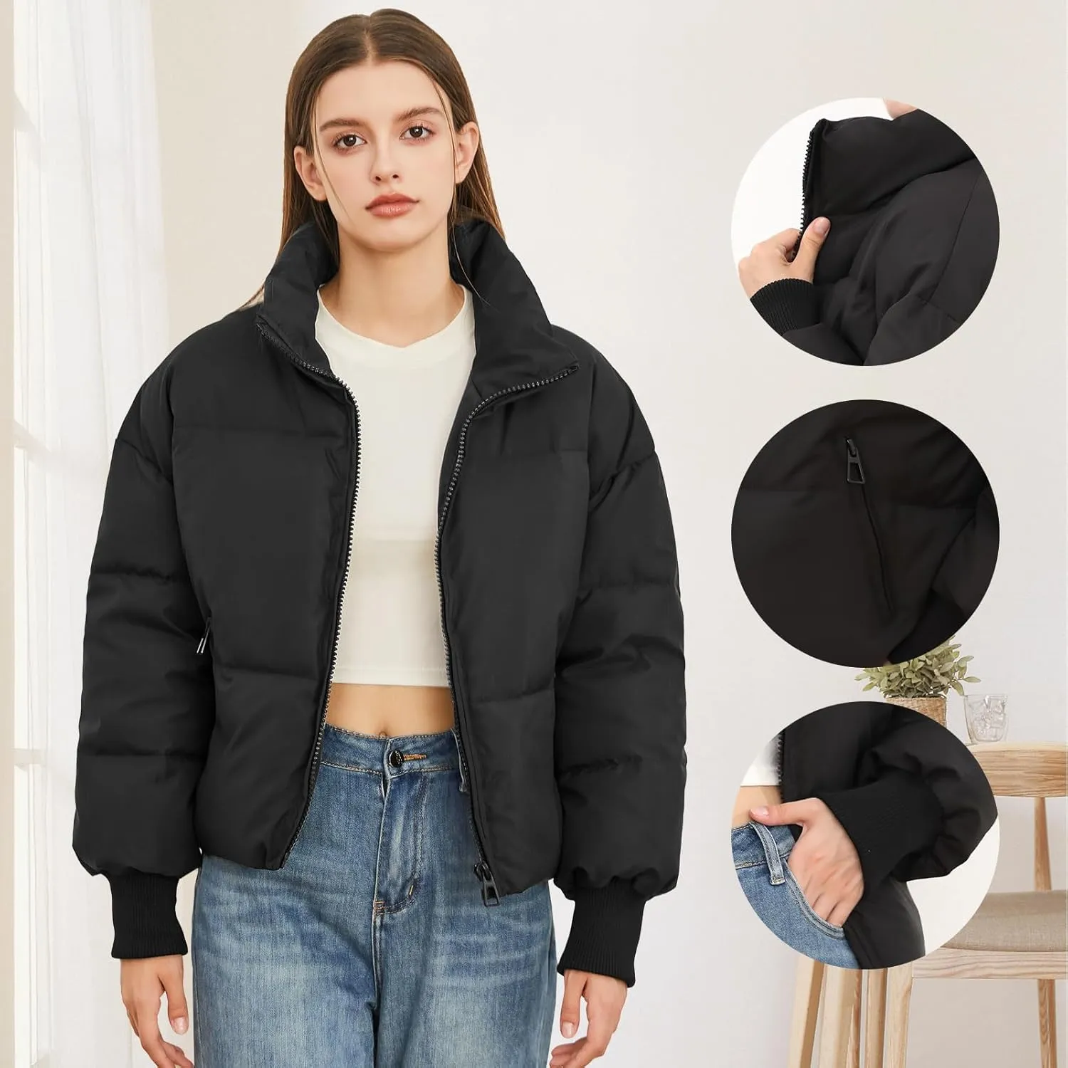 Women’s Winter Cropped Puffer Jacket Coat Casual Quilted Baggy Long Sleeve Zip Down Jackets Outerwear