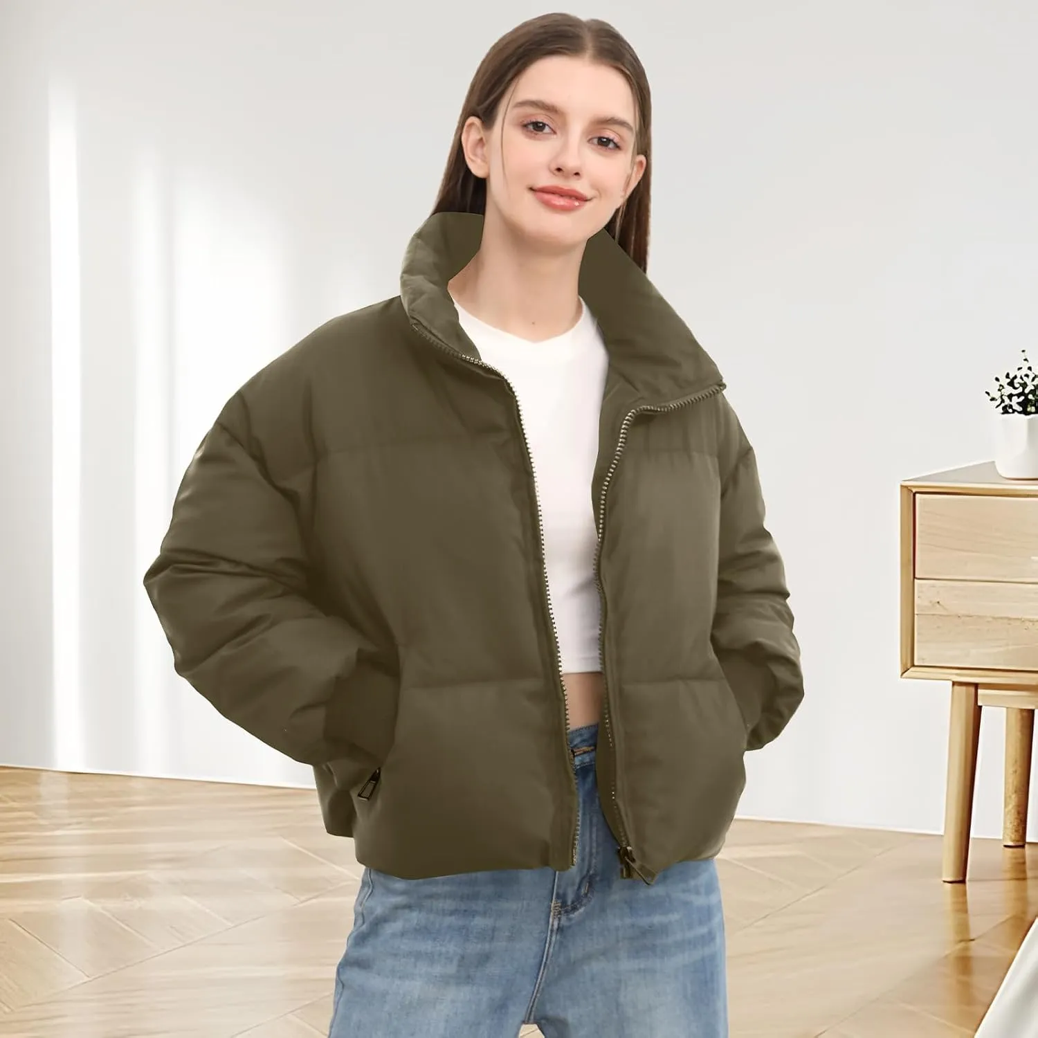 Women’s Winter Cropped Puffer Jacket Coat Casual Quilted Baggy Long Sleeve Zip Down Jackets Outerwear