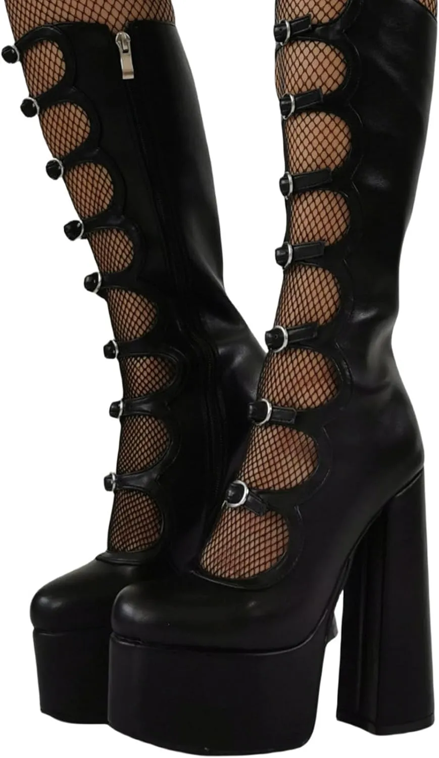 Women's zipper knee-high boots, waterproof platform thick heel high heel round toe straight boots patent leather hollow casual fashion boots