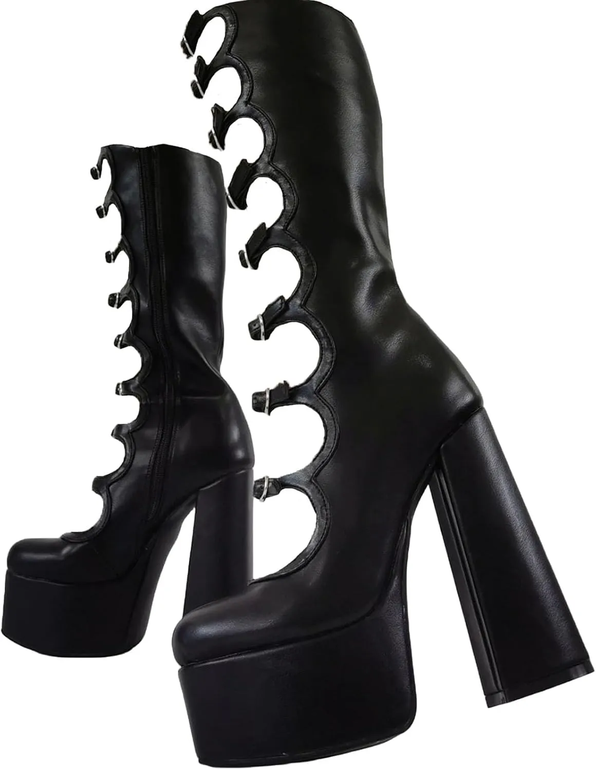 Women's zipper knee-high boots, waterproof platform thick heel high heel round toe straight boots patent leather hollow casual fashion boots