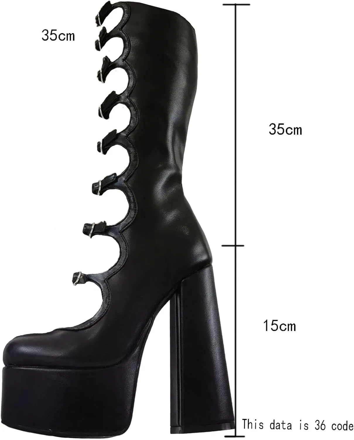 Women's zipper knee-high boots, waterproof platform thick heel high heel round toe straight boots patent leather hollow casual fashion boots