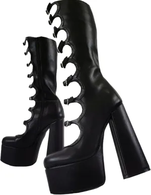 Women's zipper knee-high boots, waterproof platform thick heel high heel round toe straight boots patent leather hollow casual fashion boots