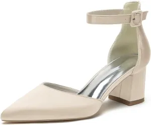 Wome's Pointed Toe Low Chunky Heels Satin Block Ankle Strap Pumps Wedding Bridal Party Dress Shoes