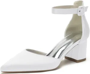 Wome's Pointed Toe Low Chunky Heels Satin Block Ankle Strap Pumps Wedding Bridal Party Dress Shoes