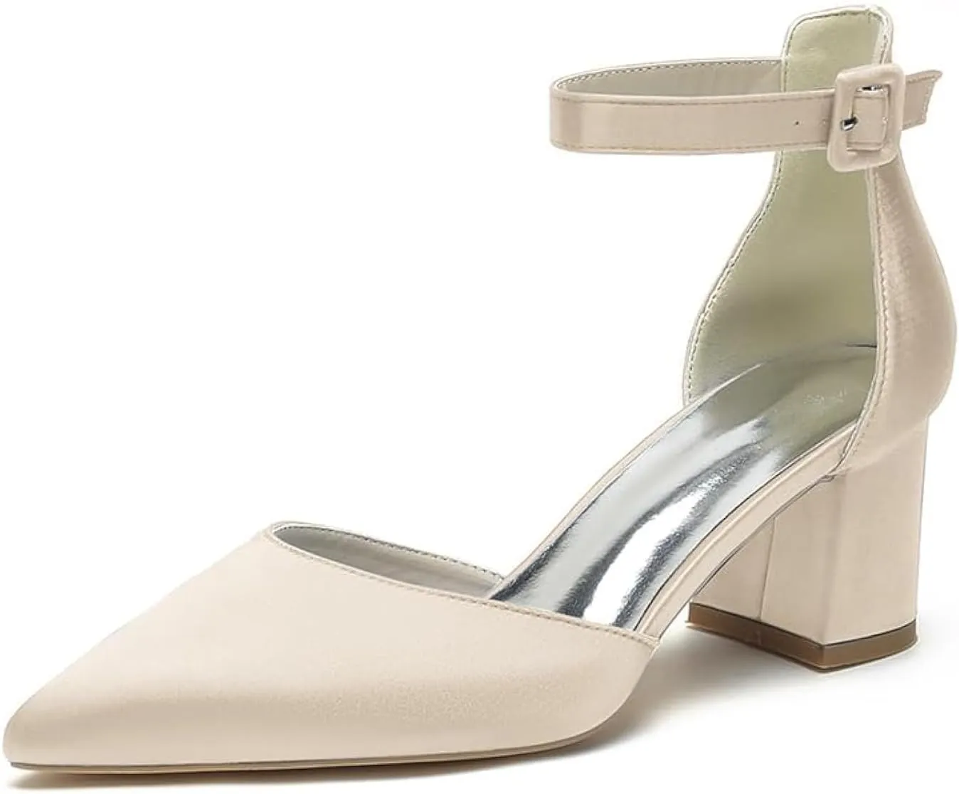 Wome's Pointed Toe Low Chunky Heels Satin Block Ankle Strap Pumps Wedding Bridal Party Dress Shoes