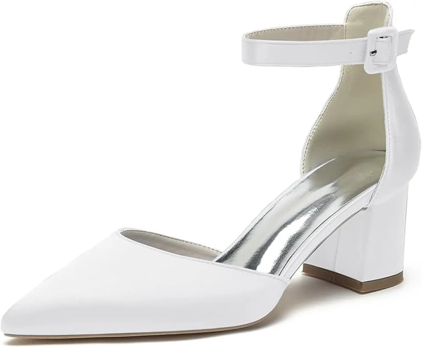 Wome's Pointed Toe Low Chunky Heels Satin Block Ankle Strap Pumps Wedding Bridal Party Dress Shoes