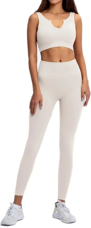 Workout Set for Women Outfit 2 Piece Seamless Ribbed High Waist Yoga Leggings with Sports Paded Bra