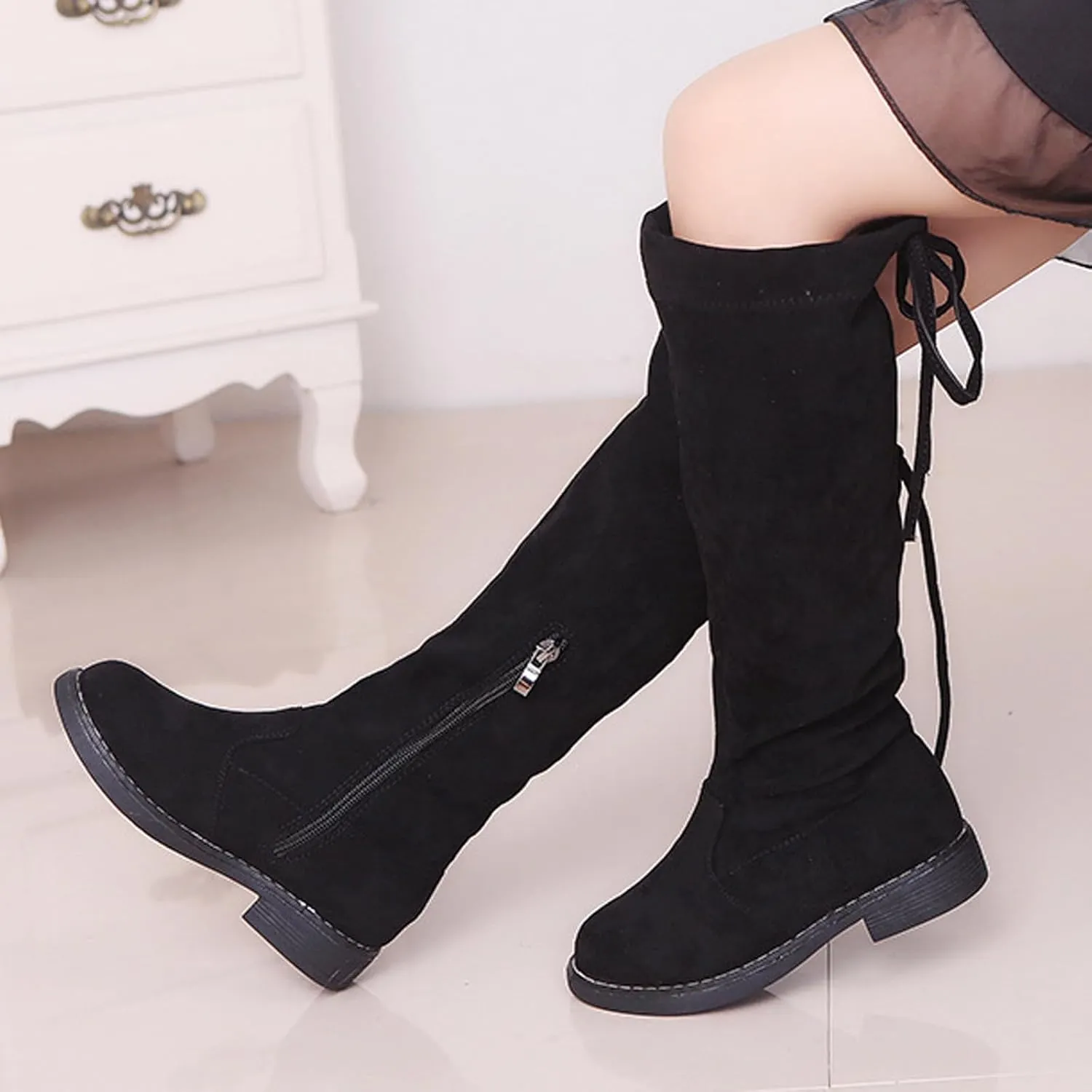 WUIWUIYU Girls Knee High Boots Ties Zipper String Suede Over Knee Long Boots Round Toe Lovely Princess Shoes
