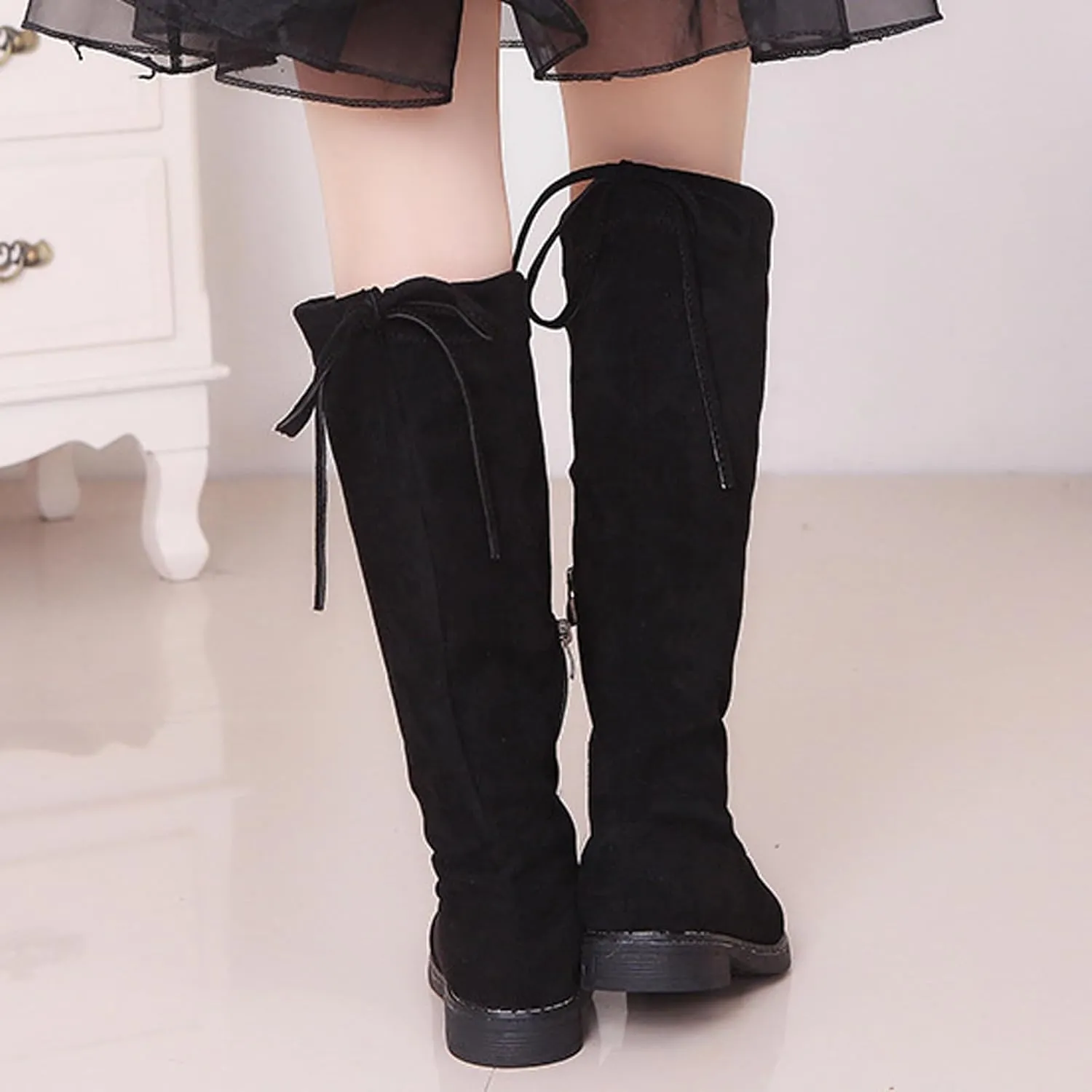 WUIWUIYU Girls Knee High Boots Ties Zipper String Suede Over Knee Long Boots Round Toe Lovely Princess Shoes