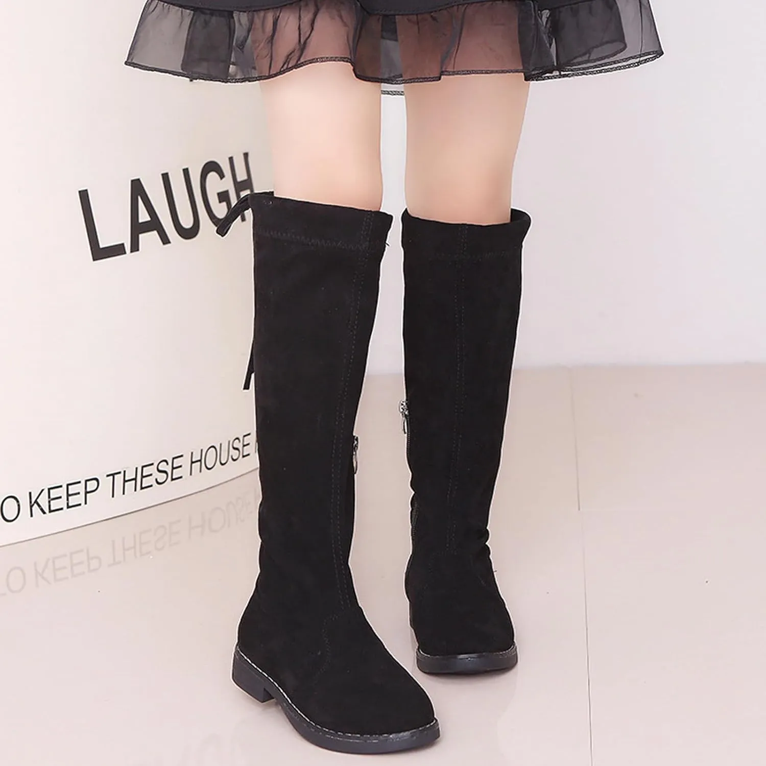 WUIWUIYU Girls Knee High Boots Ties Zipper String Suede Over Knee Long Boots Round Toe Lovely Princess Shoes
