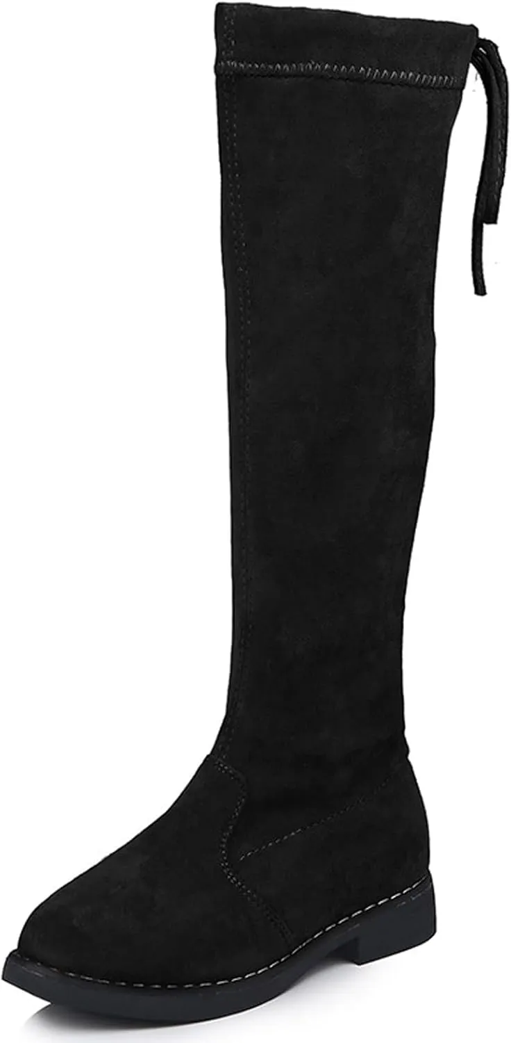 WUIWUIYU Girls Knee High Boots Ties Zipper String Suede Over Knee Long Boots Round Toe Lovely Princess Shoes